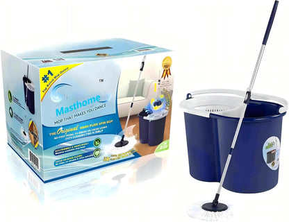 Masthome - 2019 Edition - Award Winning Original Hand Push Spin Mop - Lifetime Warranty (2 Microfiber Mop Heads Included)
