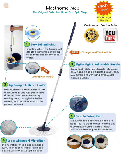 Masthome - 2019 Edition - Award Winning Original Hand Push Spin Mop - Lifetime Warranty (2 Microfiber Mop Heads Included)